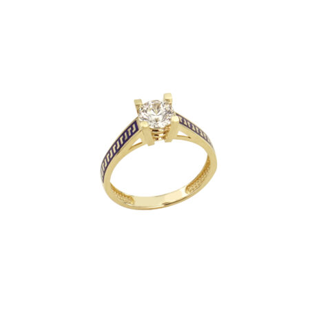Δαχτυλίδι Μονόπετρο 14 Καρατίων Χρυσό Με Ζιργκόν Και Μπλε Σμάλτο