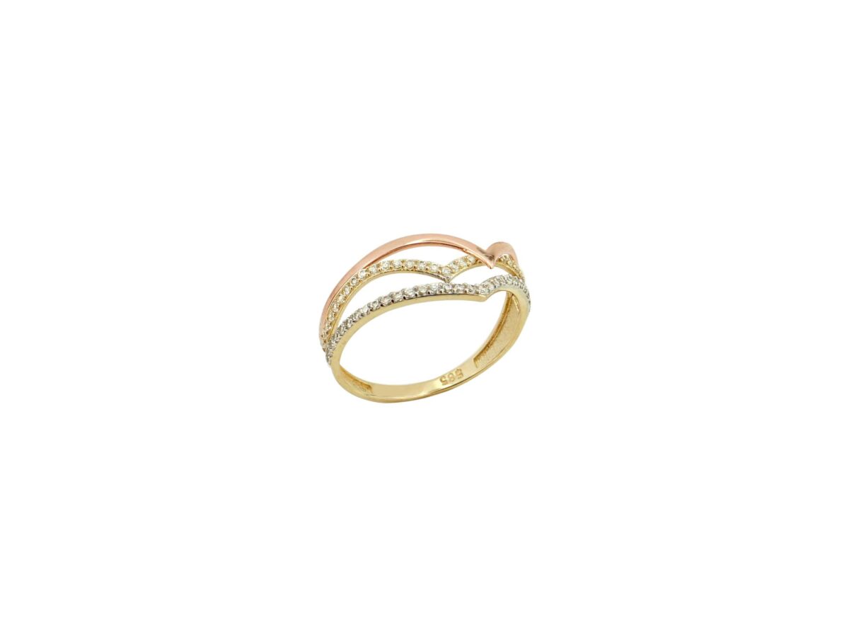 Δαχτυλίδι Τριπλό Χρυσό 14Κ Με Ζιργκόν Πέτρες Και Διχρωμία