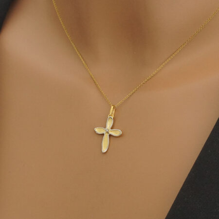 Γυναικείος Χειροποίητος Σταυρός Χρυσός 14 Καράτια Δίχρωμος Με Ζιργκόν