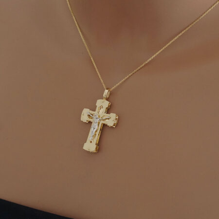 Δίχρωμος Χρυσός Σταυρός 14Κ Με Τον Εσταυρωμένο