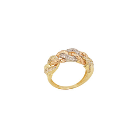 Τρίχρωμο Χρυσό Δαχτυλίδι Αλυσίδα 14Κ Με Ζιργκόν