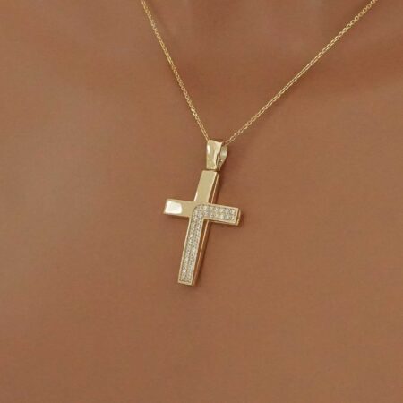 Χρυσός Σταυρός Διπλής Όψης 14 Καρατίων Με Ζιργκόν Πέτρες