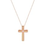 Ροζ Χρυσός Σταυρός Με Αλυσίδα 14Κ Και Διαμάντι