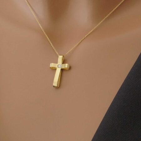 Σταυρός Χρυσός Με Μπριγιάν Και Αλυσίδα 14 Καράτια