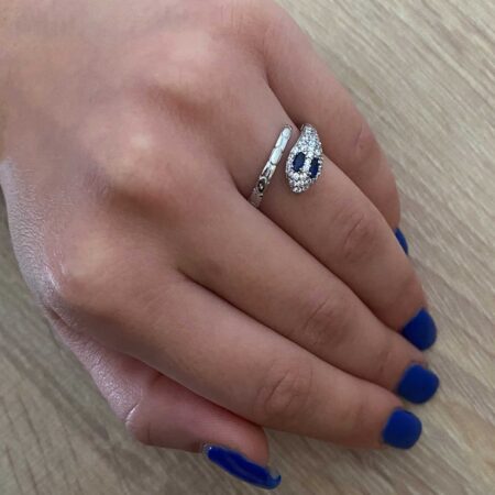 Ασημένιο Δαχτυλίδι Φίδι 925 Με Λευκές Και Μπλε Πέτρες Ζιργκόν
