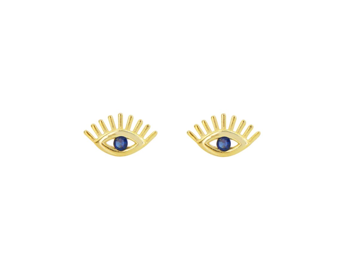 Καρφωτά Επίχρυσα Σκουλαρίκια Μάτι Με Μπλε Ζιργκόν Σε Ασήμι 925