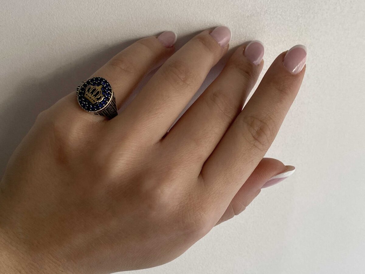 Unisex Ασημένιο Δαχτυλίδι Κορώνα 925 Με Μπλε Πέτρες Ζιργκόν