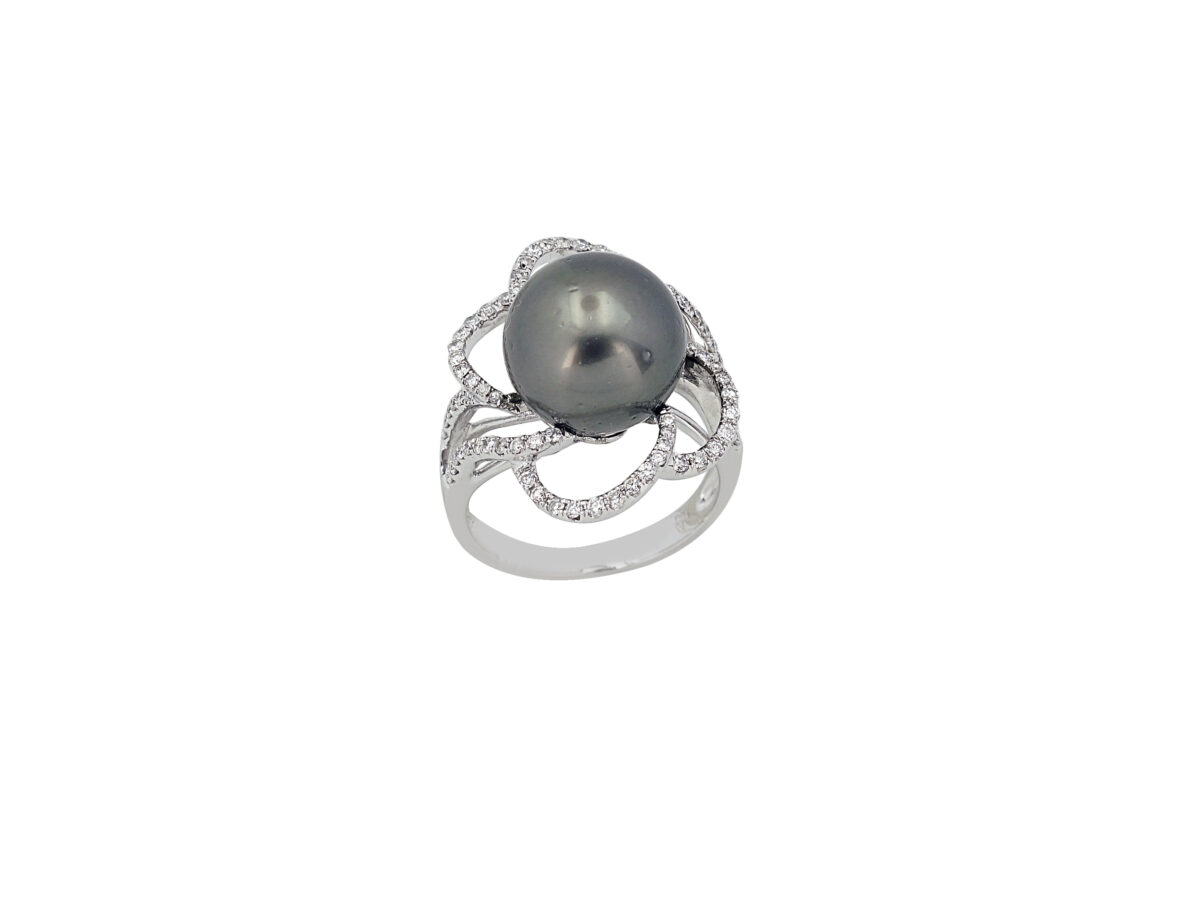 Δαχτυλίδι Με Μαύρο Μαργαριτάρι Και Διαμάντια Σε Λευκόχρυσο 18Κ