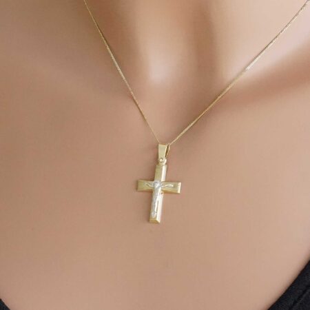 Δίχρωμος Χρυσός Βαπτιστικός Σταυρός Με Τον Εσταυρωμένο Και Αλυσίδα 9 Καράτια