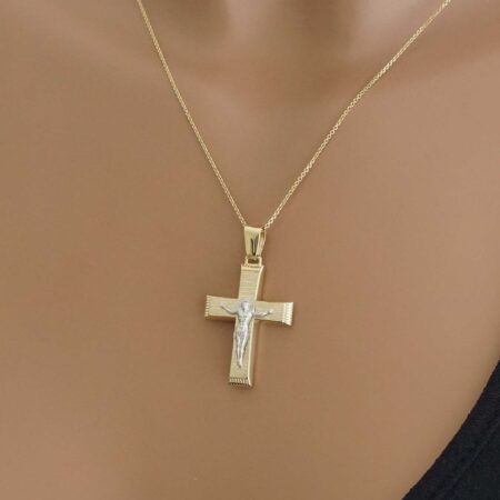 Σταυρός Βάπτισης Χρυσός 14 Καρατίων Σε Διχρωμία