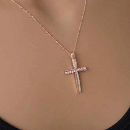 Σταυρός Ροζ Χρυσός 14 Καράτια Με Λευκές Πέτρες Ζιργκόν