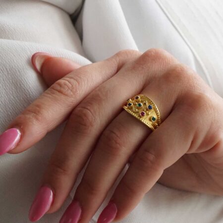 Χειροποίητο Δαχτυλίδι Με Πολύχρωμες Πέτρες Ζιργκόν Από Επιχρυσωμένο Ασήμι 925