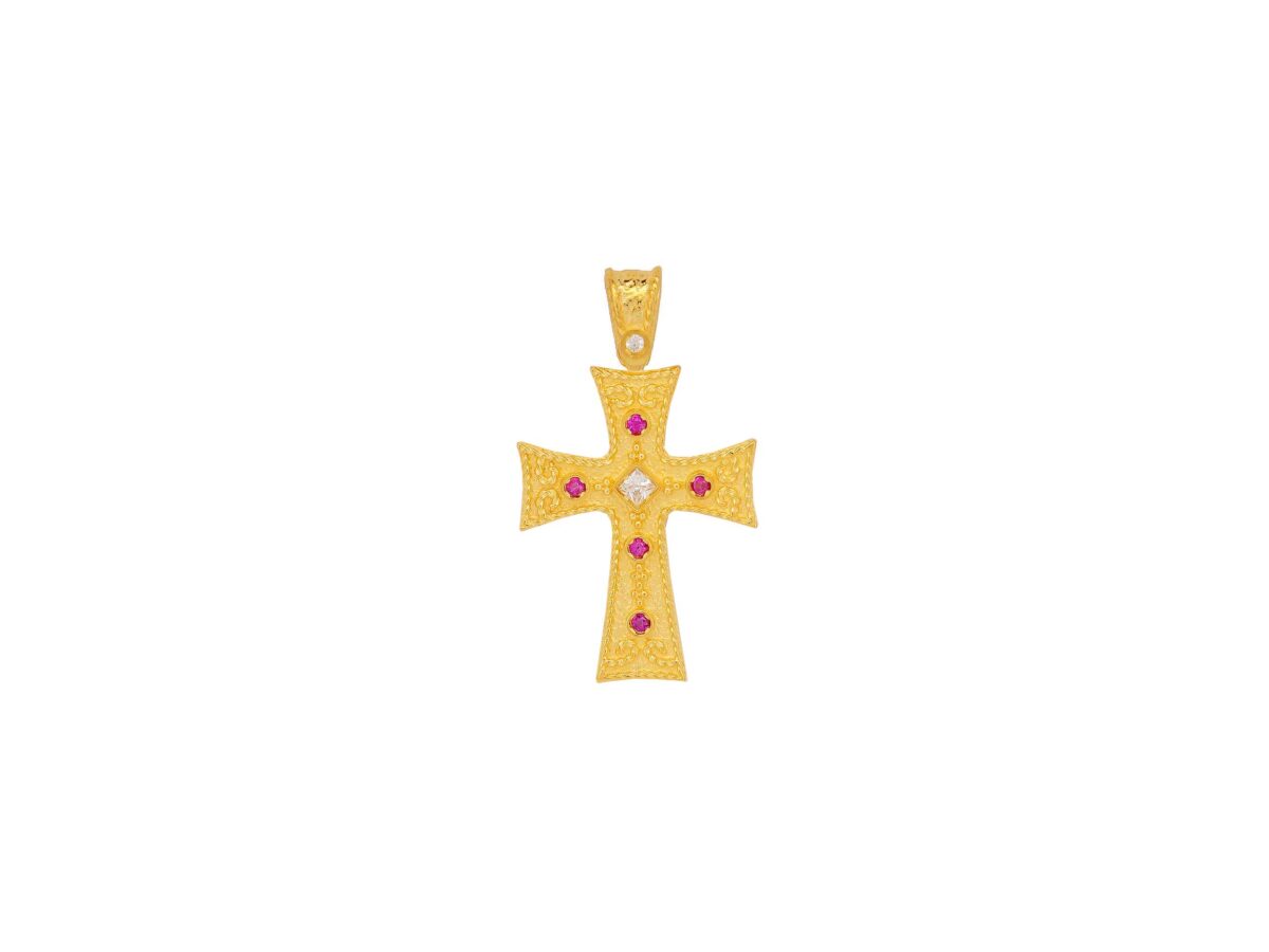 Χρυσός Βυζαντινός Σταυρός 14Κ Με Ζιργκόν Πέτρες