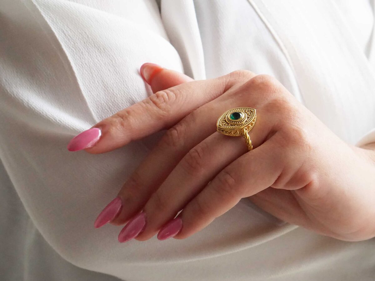 Γυναικείο Χειροποίητο Δαχτυλίδι Με Πράσινη Πέτρα Από Επιχρυσωμένο Ασήμι 925