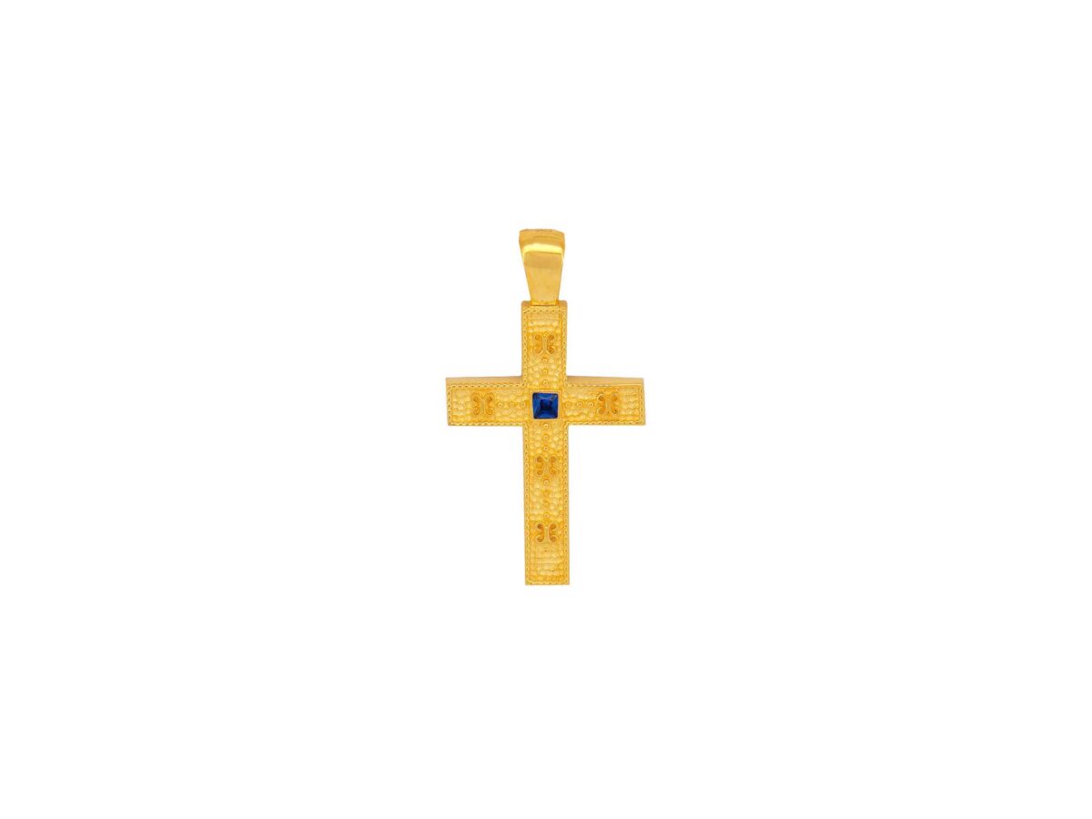 Σταυρός Βυζαντινός Χειροποίητος Με Μπλε Πέτρα Σε Χρυσό 14Κ