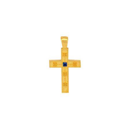 Σταυρός Βυζαντινός Χειροποίητος Με Μπλε Πέτρα Σε Χρυσό 14Κ