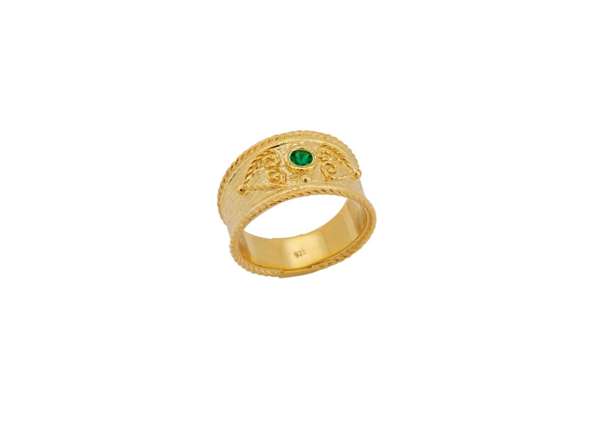 Βυζαντινό Δαχτυλίδι Γυναικείο Με Πράσινη Πέτρα Από Επιχρυσωμένο Ασήμι 925