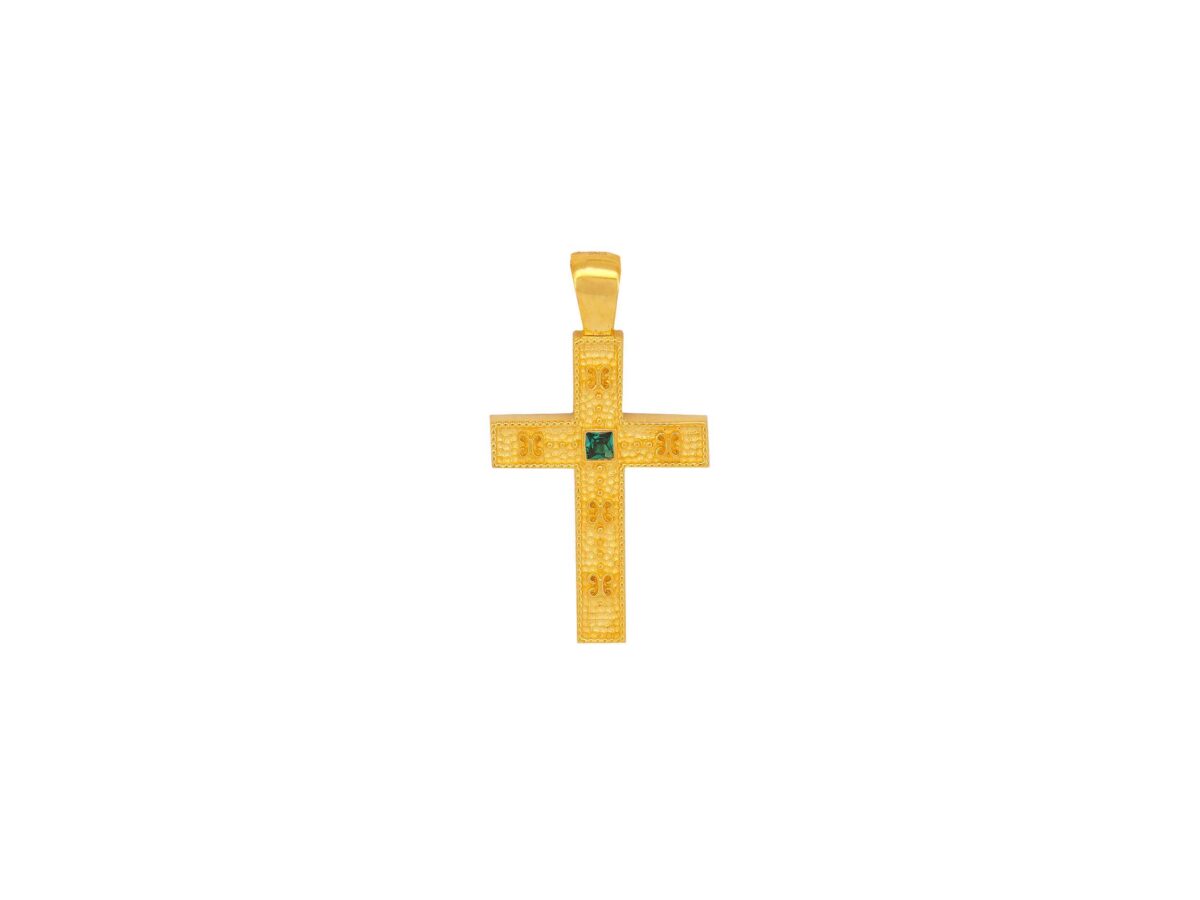 Βυζαντινός Σταυρός Χειροποίητος Με Πράσινη Πέτρα Σε Χρυσό 14Κ