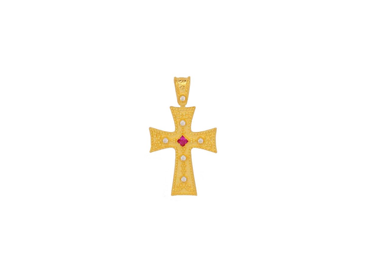 Βυζαντινός Σταυρός Χρυσός 14Κ Με Ζιργκόν Πέτρες