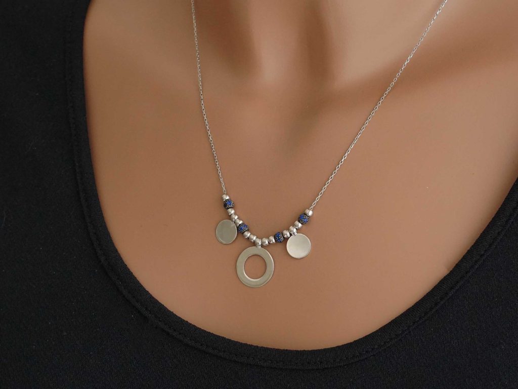 Ασημένιο Κολιέ Με Ζιργκόν Πέτρες Μπλε Και Κύκλους 925