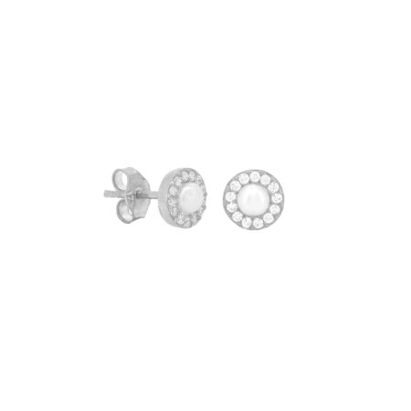 Σκουλαρίκια Καρφωτά Μαργαριτάρι Με Ζιργκόν Πέτρες Σε Λευκόχρυσο 14Κ