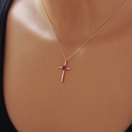 Σταυρός Γυναικείος Ροζ Χρυσός 14 Καράτια Με Αλυσίδα Και Ζιργκόν Πέτρες