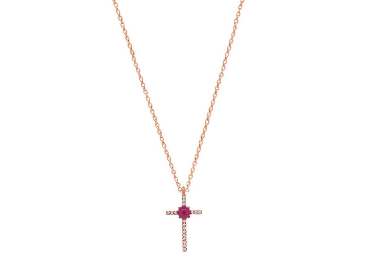 Σταυρός Γυναικείος Ροζ Χρυσός 14Κ Με Αλυσίδα Και Ζιργκόν Πέτρες