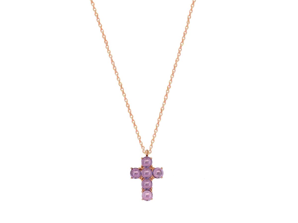 Σταυρός Με Μωβ Πέτρες Και Αλυσίδα Σε Ροζ Χρυσό 14Κ