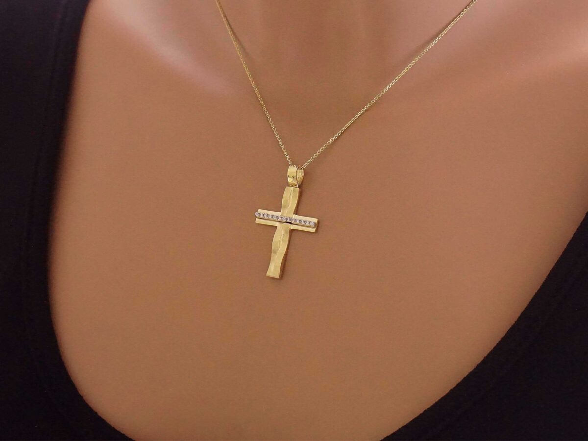 Χρυσός Γυναικείος Σταυρός 14 Καράτια Με Ζιργκόν Πέτρες