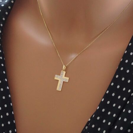 Χρυσός Γυναικείος Σταυρός 14 Καρατίων Με Ζιργκόν Πέτρες