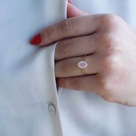 Ροζέτα Δαχτυλίδι Με Ροζ Πέτρα Ζιργκόν Σε Χρυσό 14 Καρατίων