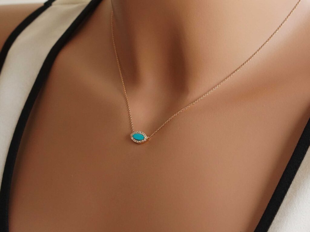 Κολιέ Με Τιρκουάζ Πέτρα Και Ζιργκόν Σε Ροζ Χρυσό 14 Καράτια