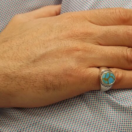 Ασημένιο Ανδρικό Δαχτυλίδι 925 Με Τιρκουάζ Πέτρα Και Μαιάνδρους