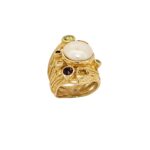 Χειροποίητο Δαχτυλίδι Με Μαργαριτάρι Και Πολύχρωμες Πέτρες Από Επιχρυσωμένο Ασήμι 925