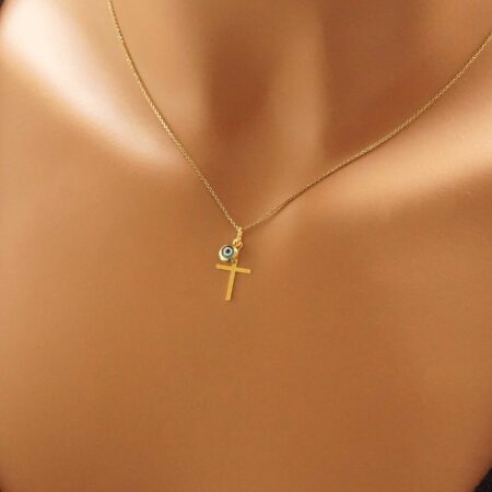Χρυσό Σταυρουδάκι Με Ματάκι Γαλάζιο 14Κ