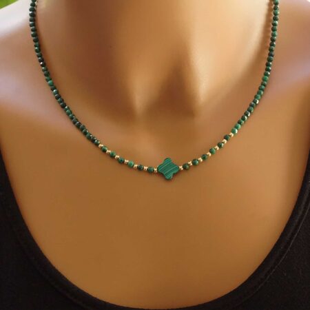 Κολιέ Από Μαλαχίτη Με Χρυσές Μπίλιες 14 Καρατίων