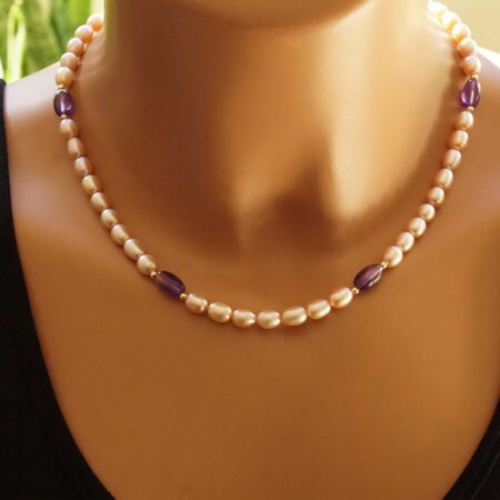 Κολιέ Με Ροζ Μαργαριτάρια Και Αμέθυστο Σε Χρυσό 14 Καράτια