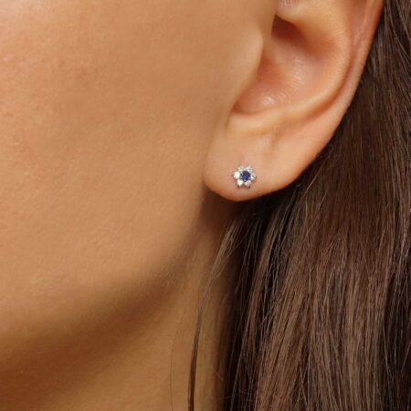 Σκουλαρίκια Λουλούδια Καρφωτά Λευκόχρυσα 14 Καράτια Με Μπλε Πέτρα