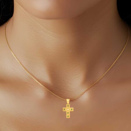 Χρυσός Σταυρός Διπλής Όψης 14 Καράτια Με Πράσινες Πέτρες Ζιργκόν