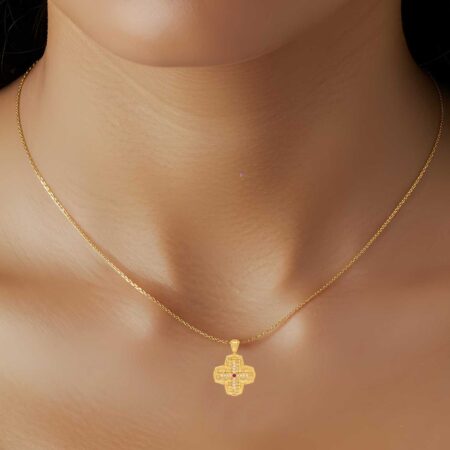 Χρυσός Σταυρός Δύο Όψεων 14 Καρατίων Με Λευκές Και Κόκκινες Πέτρες