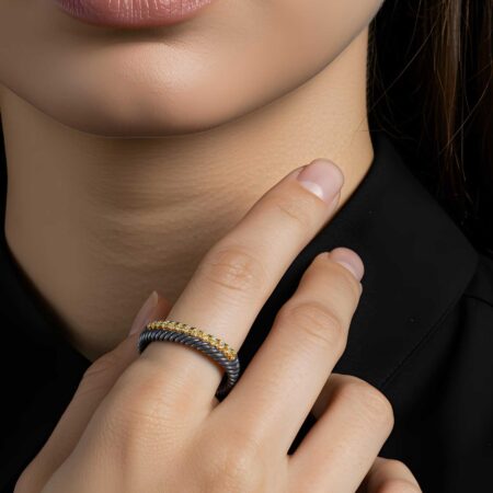 Δίχρωμο Δαχτυλίδι Ανάγλυφο Με Διαμάντια 925