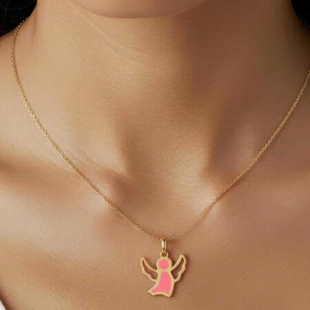 Μενταγιόν Άγγελος Χρυσό 14 Καράτια Με Ροζ Σμάλτο