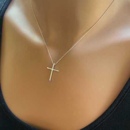 Σταυρός Λευκόχρυσος Με Μπριγιάν Και Αλυσίδα 14 Καράτια